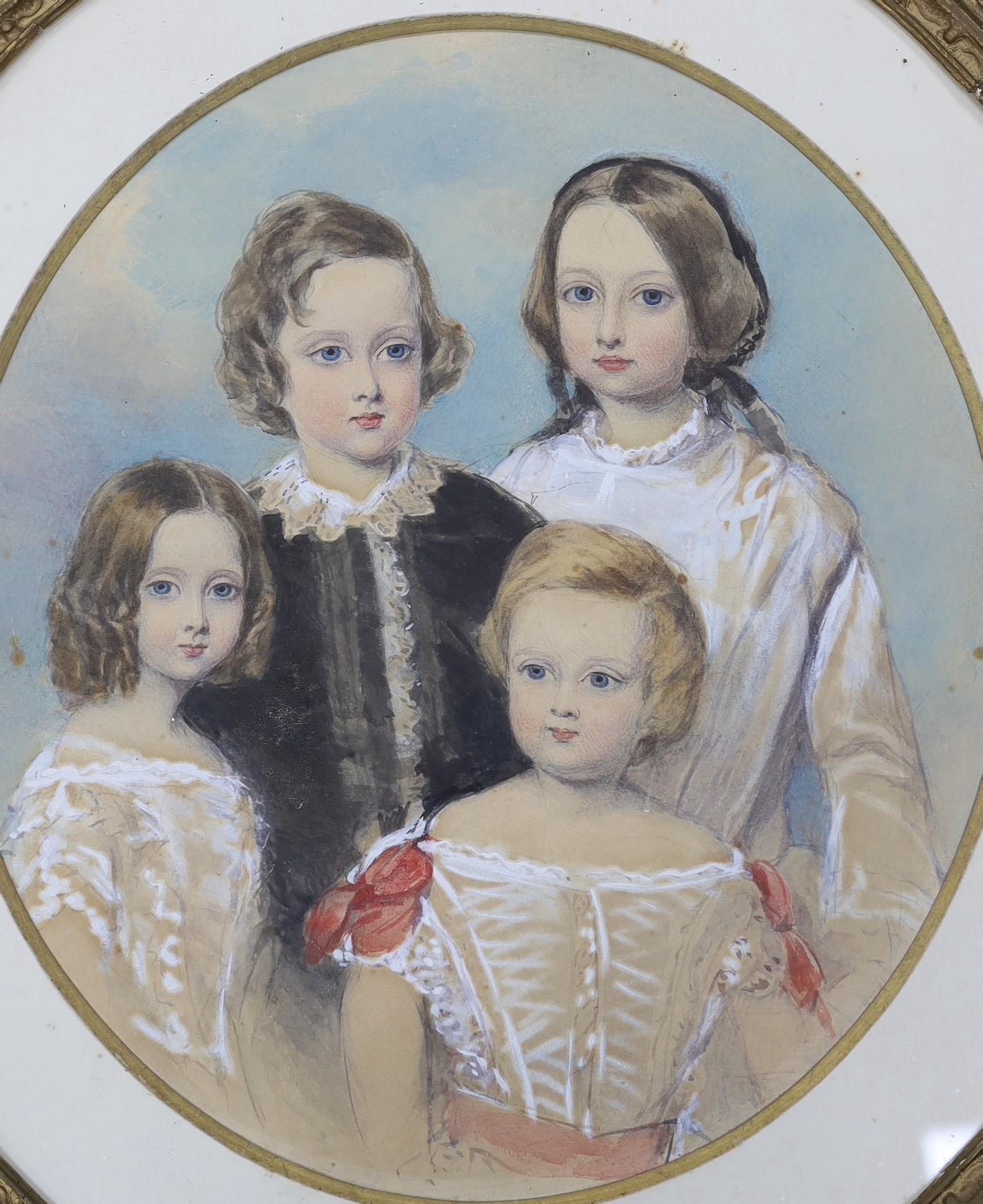 Victorian School, watercolour, Portrait of the children of Oliver and Isabella Walford, oval, 44 x 39cm